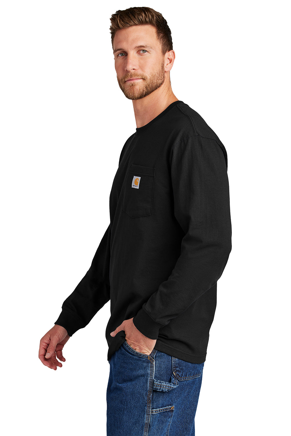 Carhartt CTK126 Mens Workwear Long Sleeve Crewneck T-Shirt w/ Pocket Black Model Side