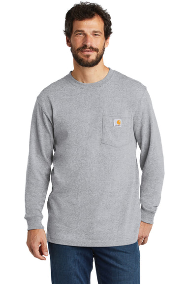 Carhartt CTK126 Mens Workwear Long Sleeve Crewneck T-Shirt w/ Pocket Heather Grey Model Front