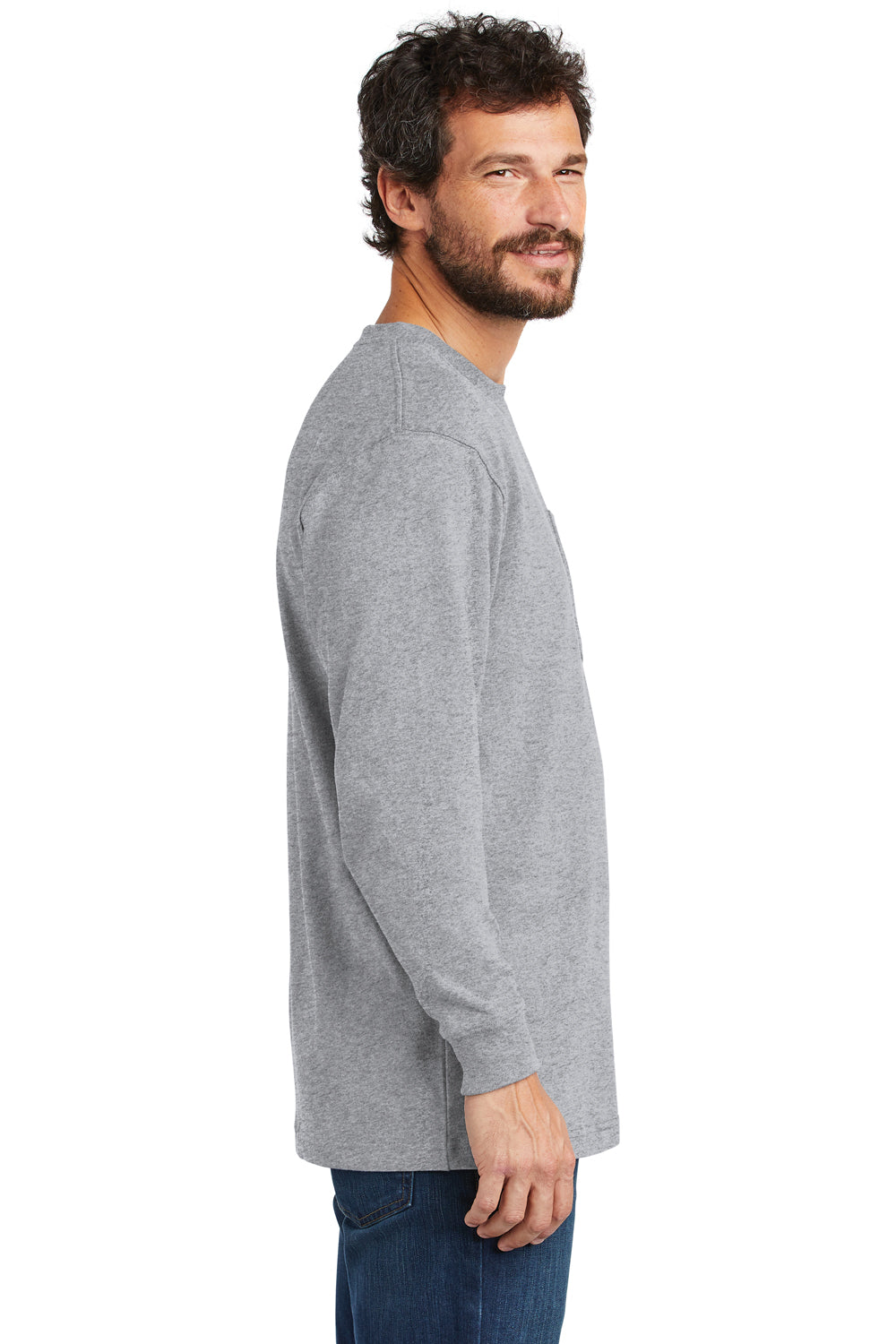 Carhartt CTK126 Mens Workwear Long Sleeve Crewneck T-Shirt w/ Pocket Heather Grey Model Side