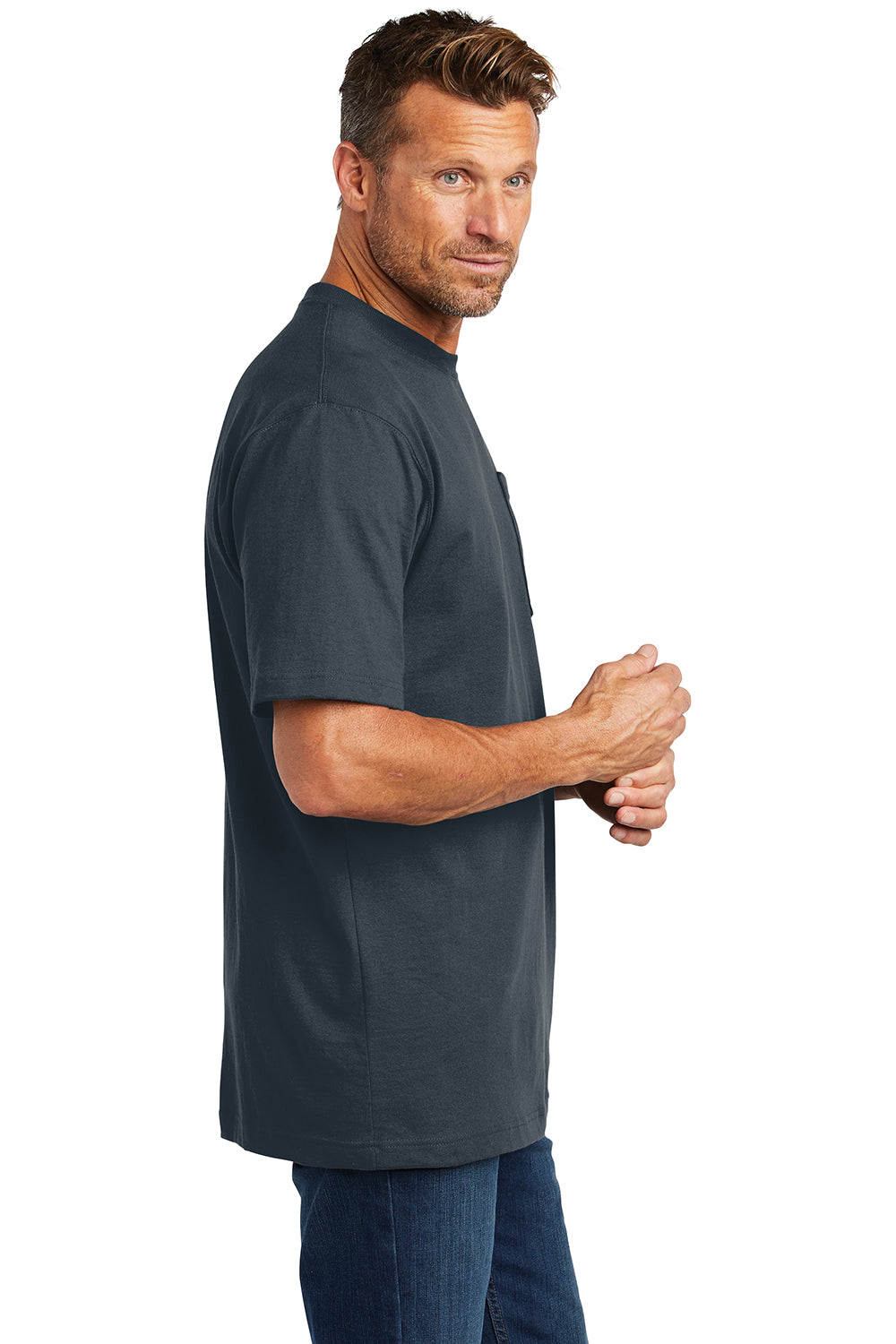 Carhartt CTK87/CTTK87 Mens Workwear Short Sleeve Crewneck T-Shirt w/ Pocket Bluestone Model Side