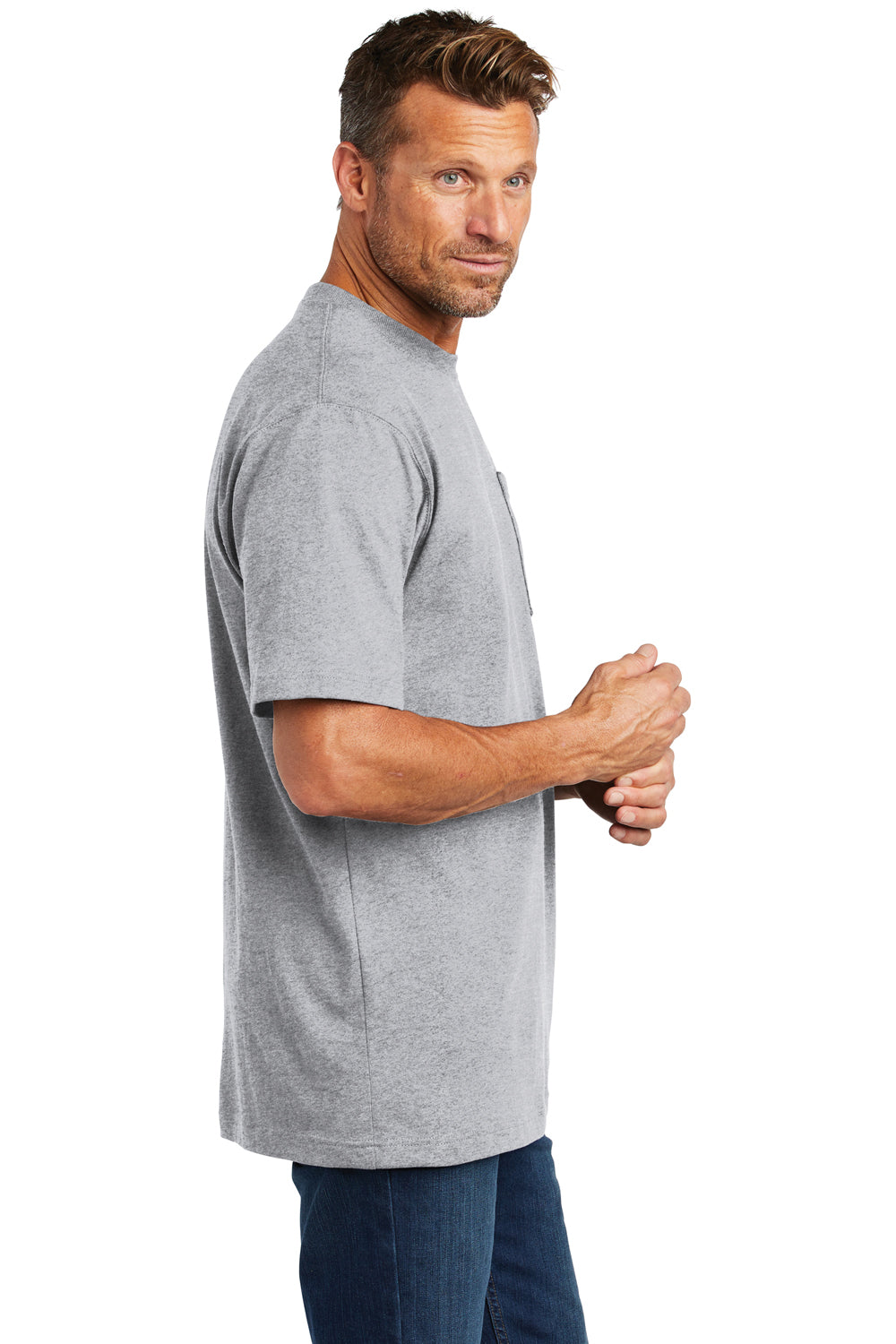 Carhartt CTK87/CTTK87 Mens Workwear Short Sleeve Crewneck T-Shirt w/ Pocket Heather Grey Model Side