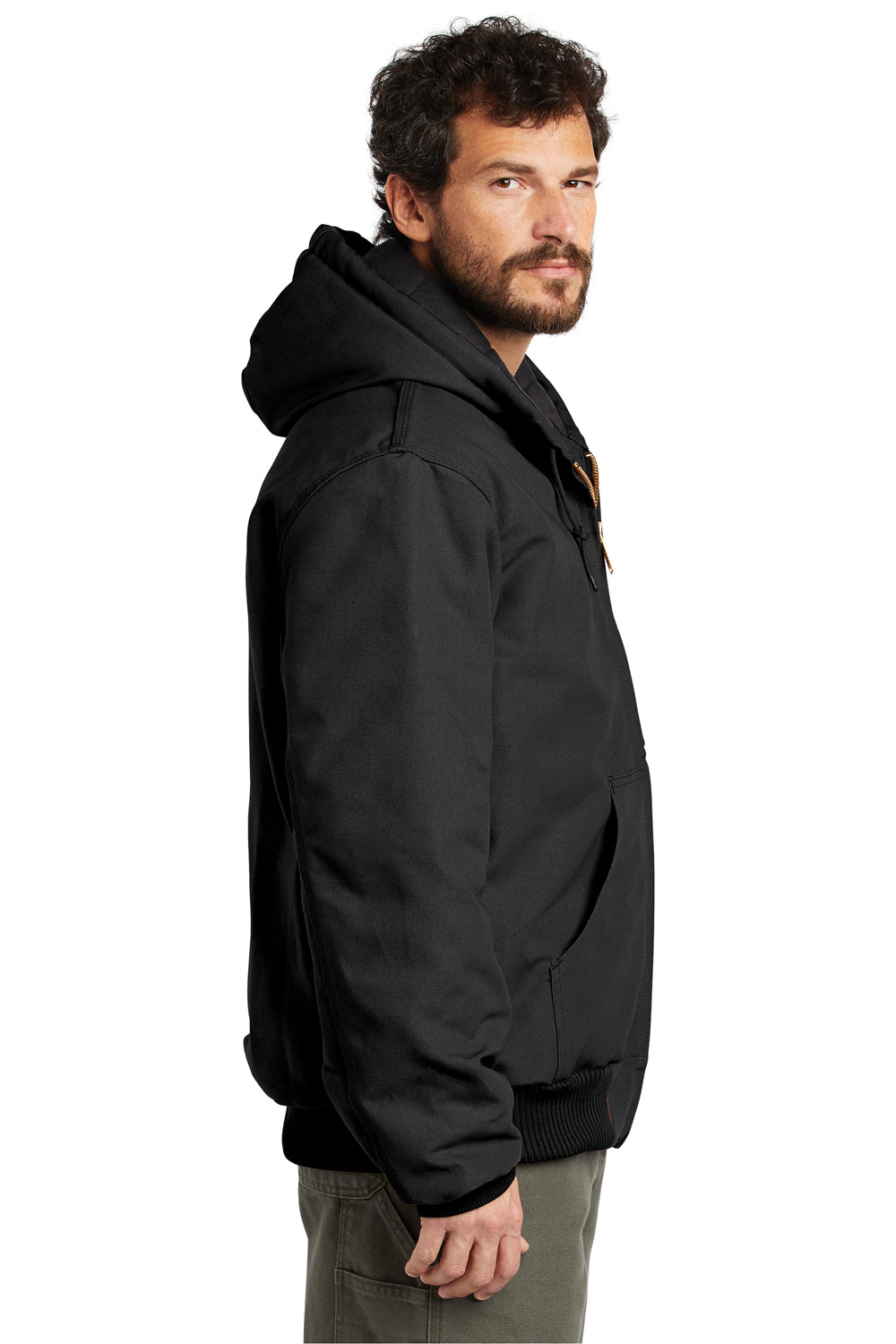 Carhartt CTSJ140/CTTSJ140 Mens Wind & Water Resistant Duck Cloth Full Zip Hooded Work Jacket Black Model Side