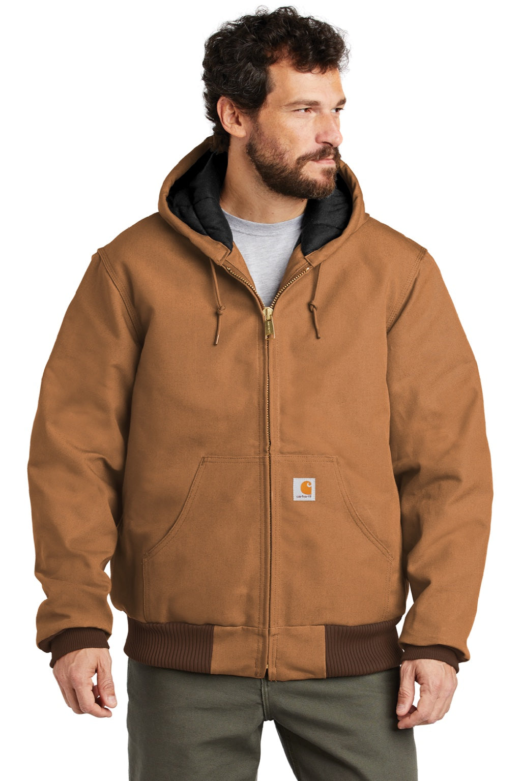 Carhartt CTSJ140/CTTSJ140/CT106677/CTT106677 Mens Wind & Water Resistant Duck Cloth Full Zip Hooded Work Jacket Carhartt Brown Model Front