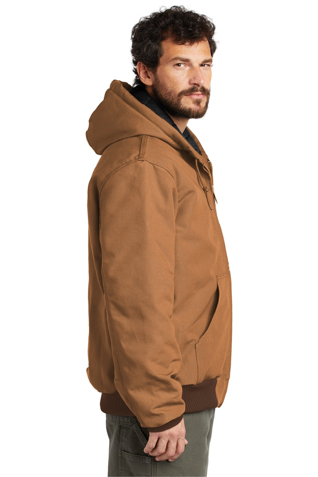 Carhartt CTSJ140/CTTSJ140/CT106677/CTT106677 Mens Wind & Water Resistant Duck Cloth Full Zip Hooded Work Jacket Carhartt Brown Model Side