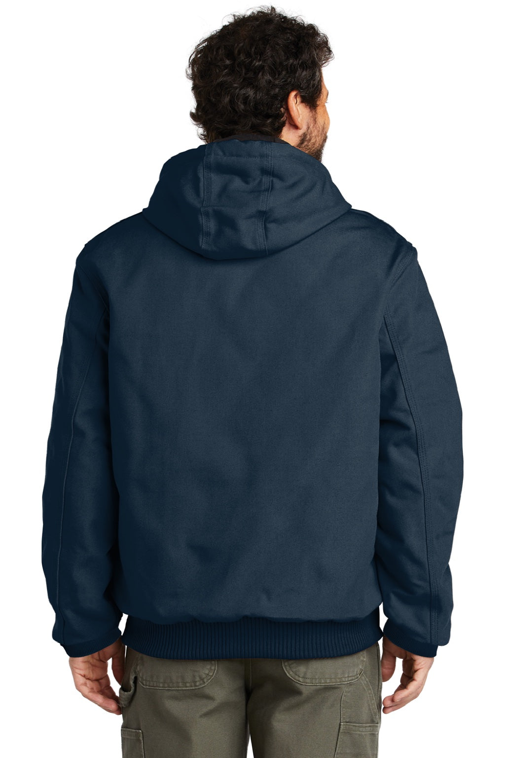 Carhartt CTSJ140/CTTSJ140/CT106677/CTT106677 Mens Wind & Water Resistant Duck Cloth Full Zip Hooded Work Jacket Navy Blue Model Back