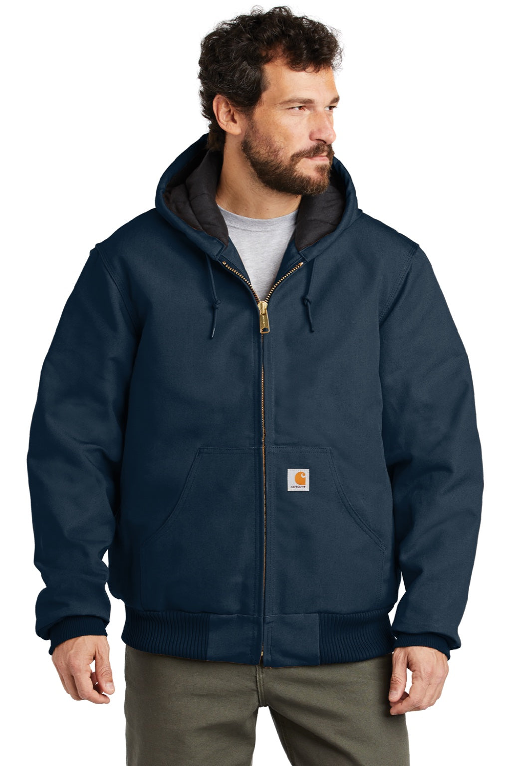 Carhartt CTSJ140/CTTSJ140/CT106677/CTT106677 Mens Wind & Water Resistant Duck Cloth Full Zip Hooded Work Jacket Navy Blue Model Front