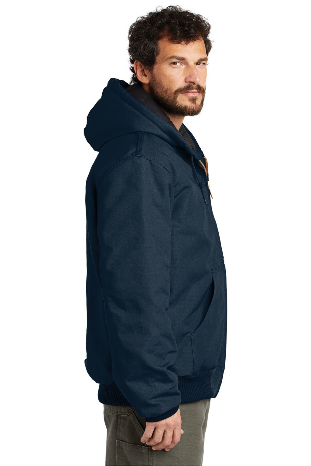 Carhartt CTSJ140/CTTSJ140/CT106677/CTT106677 Mens Wind & Water Resistant Duck Cloth Full Zip Hooded Work Jacket Navy Blue Model Side