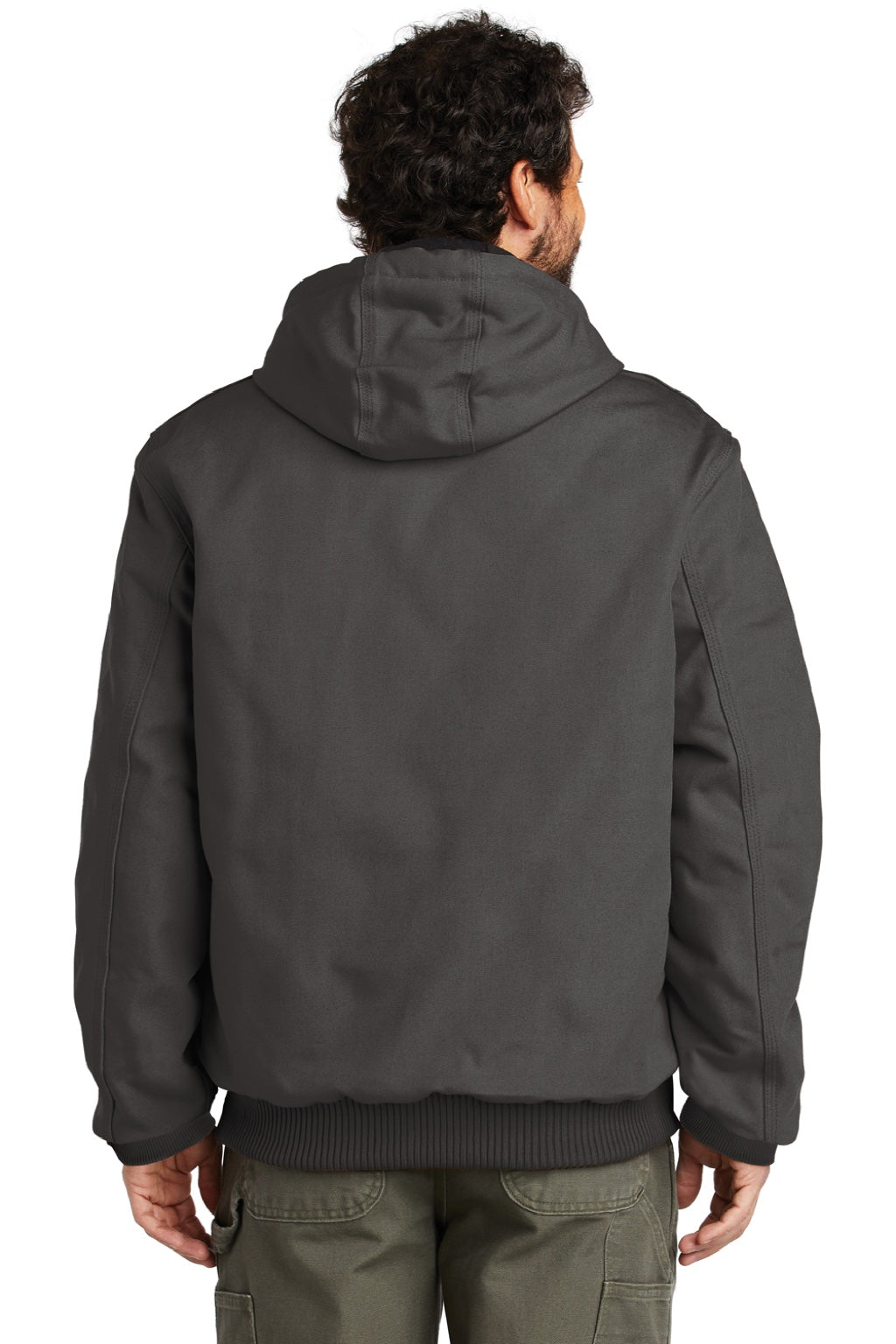 Carhartt CTSJ140/CTTSJ140/CT106677/CTT106677 Mens Wind & Water Resistant Duck Cloth Full Zip Hooded Work Jacket Gravel Grey Model Back