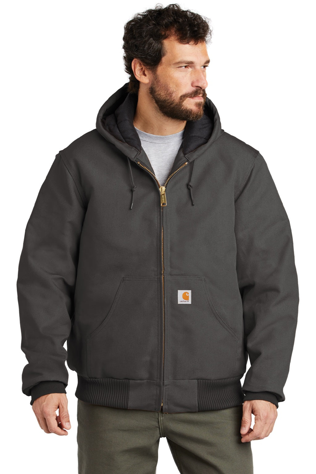 Carhartt CTSJ140/CTTSJ140/CT106677/CTT106677 Mens Wind & Water Resistant Duck Cloth Full Zip Hooded Work Jacket Gravel Grey Model Front