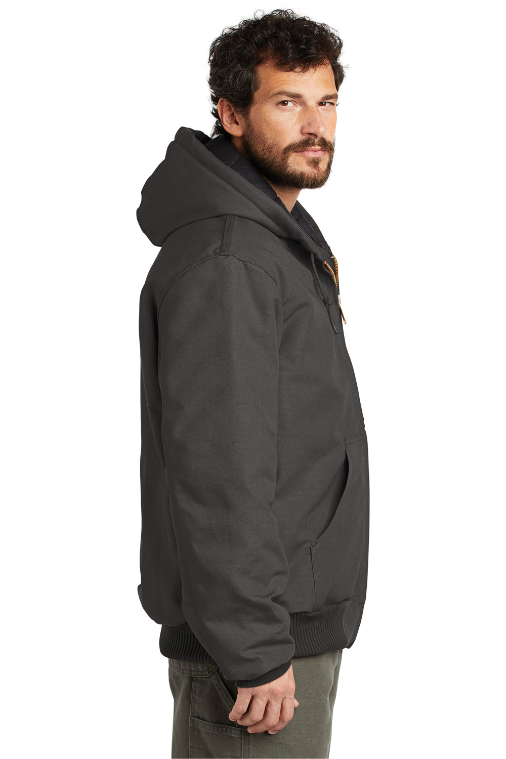 Carhartt CTSJ140/CTTSJ140 Mens Wind & Water Resistant Duck Cloth Full Zip Hooded Work Jacket Gravel Grey Model Side