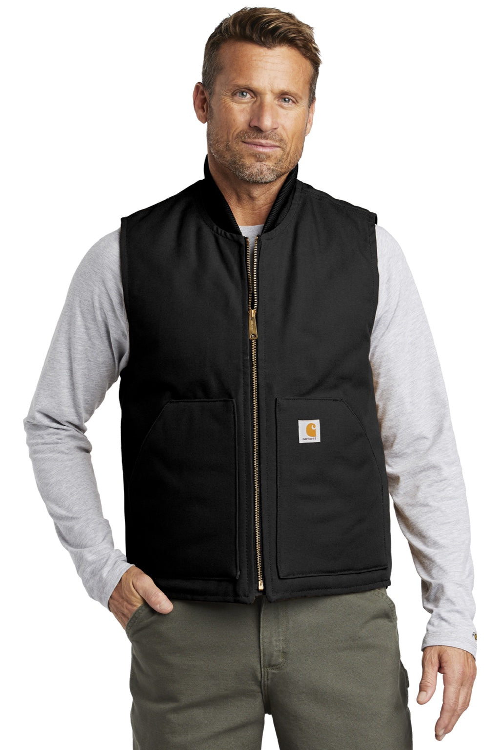 Carhartt CTV01/CT106676 Mens Wind & Water Resistant Duck Cloth Full Zip Vest Black Model Front