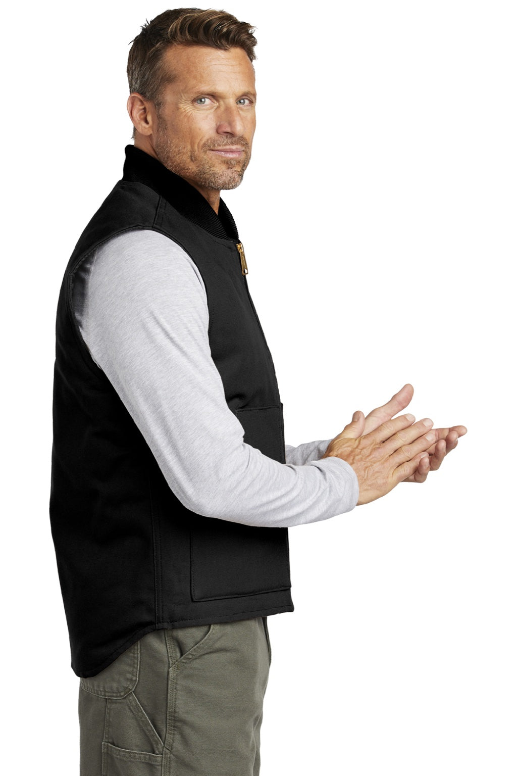 Carhartt CTV01/CT106676 Mens Wind & Water Resistant Duck Cloth Full Zip Vest Black Model Side