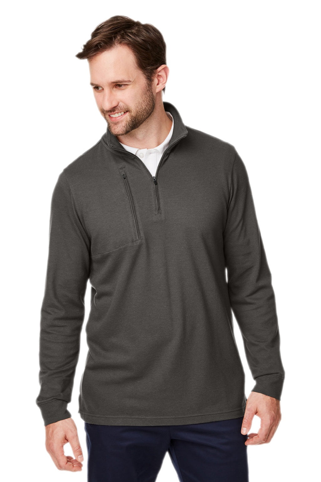 Devon & Jones DG400 Mens New Classics Performance Moisture Wicking 1/4 Zip Sweatshirt w/ Pocket Graphite Grey Model Front