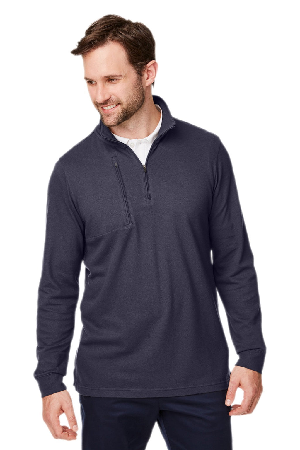Devon & Jones DG400 Mens New Classics Performance Moisture Wicking 1/4 Zip Sweatshirt w/ Pocket Navy Blue Model Front
