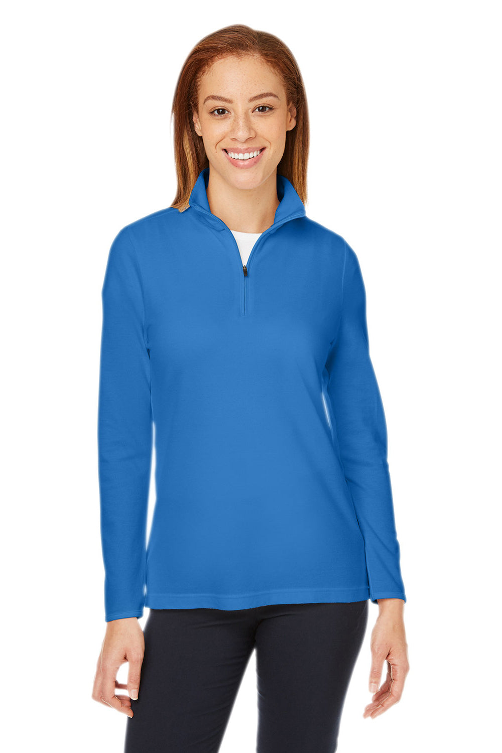 Devon & Jones DG400W Womens New Classics Performance Moisture Wicking 1/4 Zip Sweatshirt French Blue Model Front