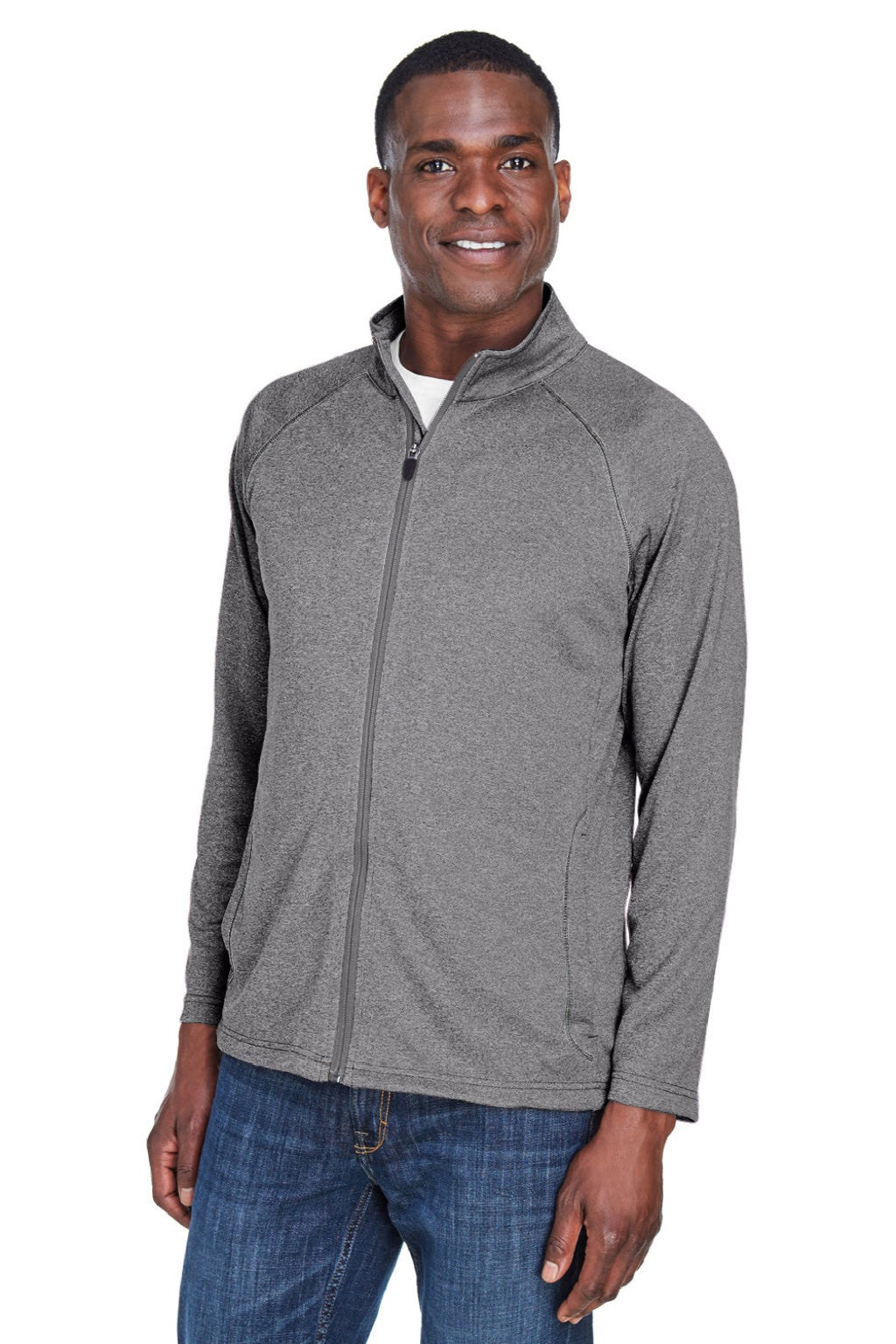 Devon & Jones DG420 Mens Compass Stretch Tech Moisture Wicking Full Zip Sweatshirt w/ Pockets Heather Dark Grey Model Front