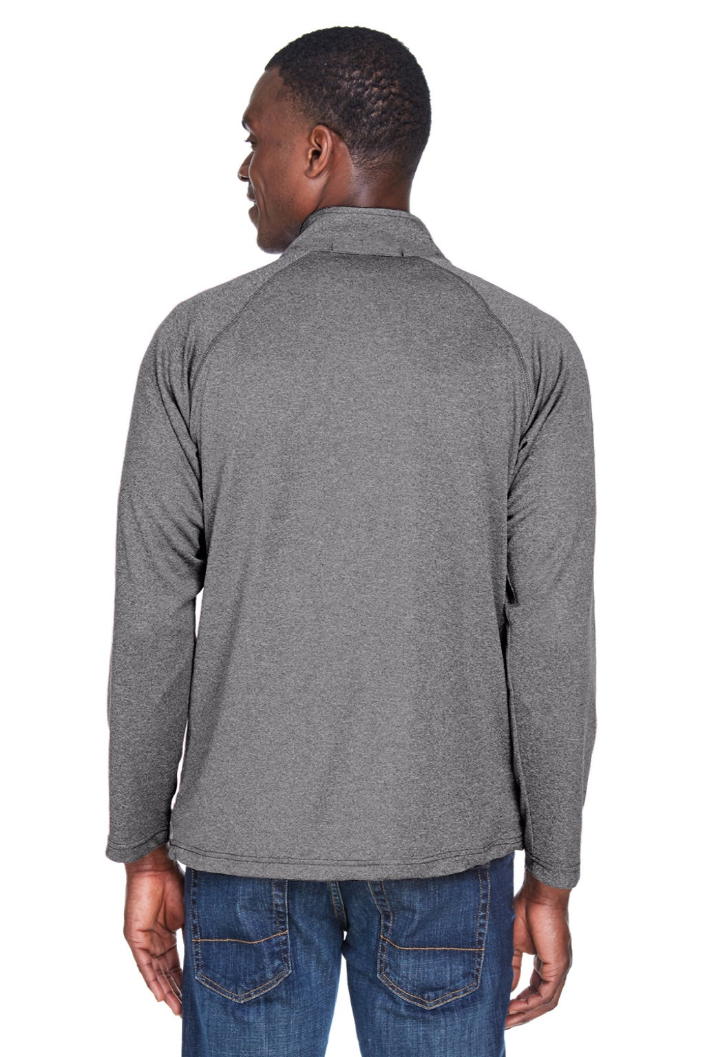 Devon & Jones DG420 Mens Compass Stretch Tech Moisture Wicking Full Zip Sweatshirt w/ Pockets Heather Dark Grey Model Back