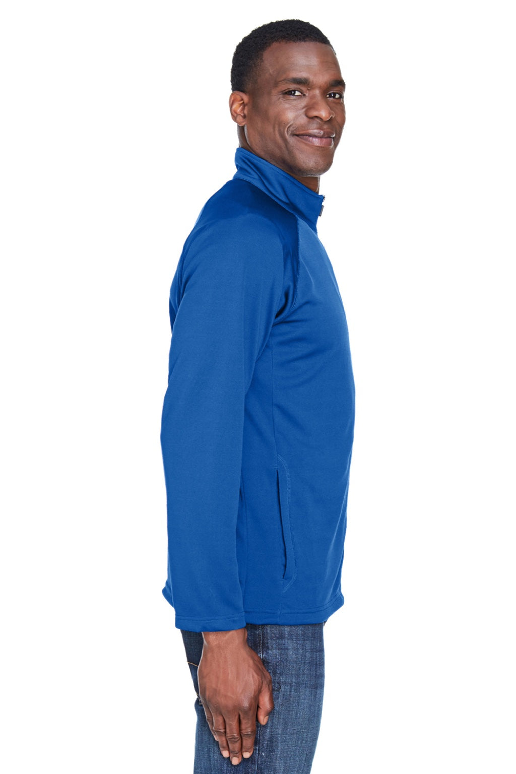 Devon & Jones DG420 Mens Compass Stretch Tech Moisture Wicking Full Zip Sweatshirt w/ Pockets True Royal Blue Model Side
