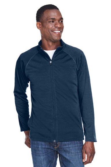 Devon & Jones DG420 Mens Compass Stretch Tech Moisture Wicking Full Zip Sweatshirt w/ Pockets Heather Navy Blue Model Front