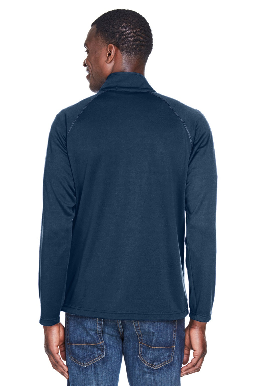 Devon & Jones DG420 Mens Compass Stretch Tech Moisture Wicking Full Zip Sweatshirt w/ Pockets Heather Navy Blue Model Back