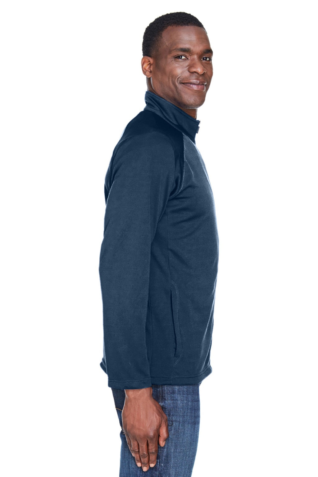 Devon & Jones DG420 Mens Compass Stretch Tech Moisture Wicking Full Zip Sweatshirt w/ Pockets Heather Navy Blue Model Side