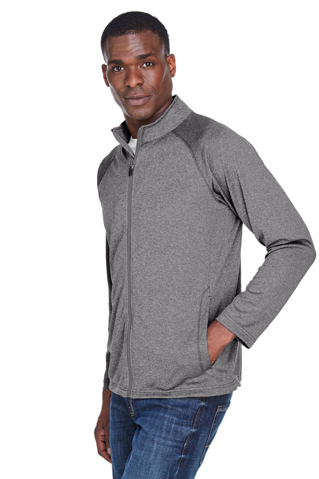 Devon & Jones DG420 Mens Compass Stretch Tech Moisture Wicking Full Zip Sweatshirt w/ Pockets Heather Dark Grey Model 3q