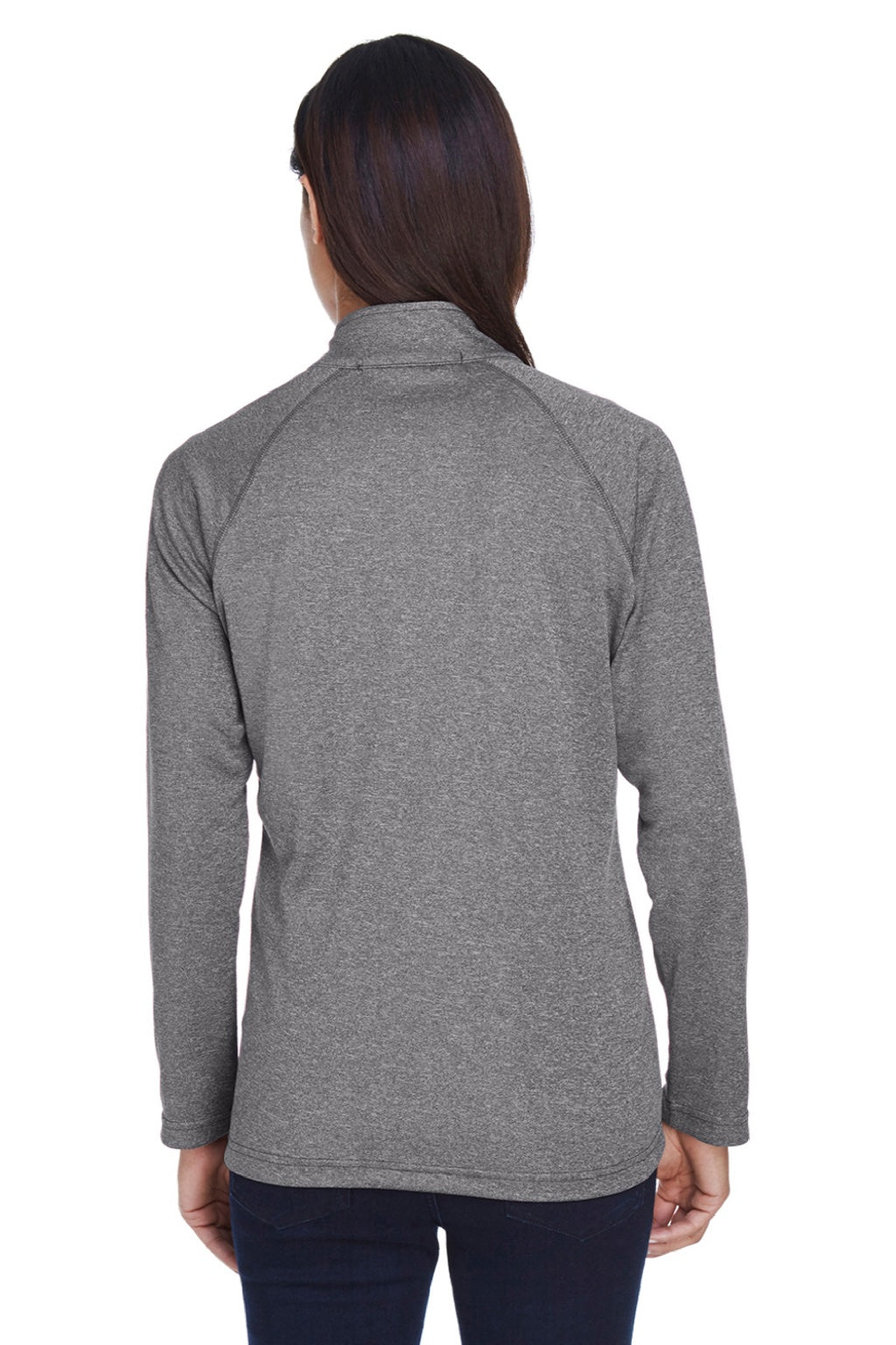 Devon & Jones DG420W Womens Compass Stretch Tech Moisture Wicking Full Zip Sweatshirt w/ Pockets Heather Dark Grey Model Back