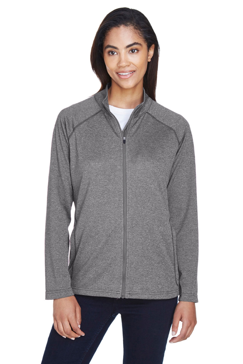 Devon & Jones DG420W Womens Compass Stretch Tech Moisture Wicking Full Zip Sweatshirt w/ Pockets Heather Dark Grey Model Front