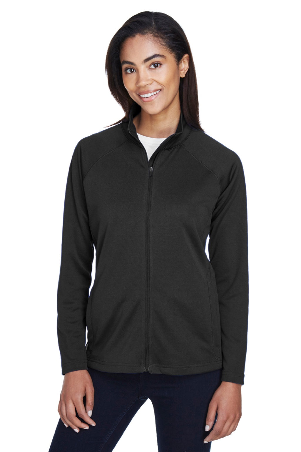 Devon & Jones DG420W Womens Compass Stretch Tech Moisture Wicking Full Zip Sweatshirt w/ Pockets Black Model Front