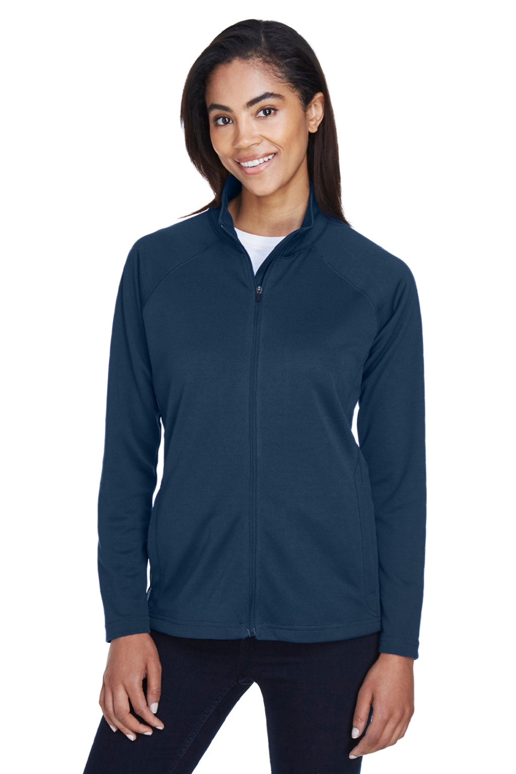 Devon & Jones DG420W Womens Compass Stretch Tech Moisture Wicking Full Zip Sweatshirt w/ Pockets Navy Blue Model Front