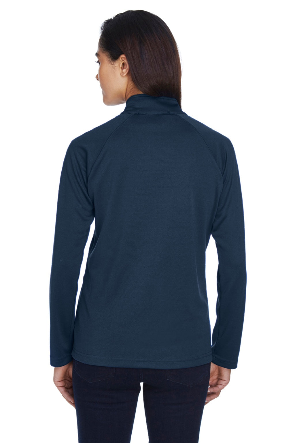 Devon & Jones DG420W Womens Compass Stretch Tech Moisture Wicking Full Zip Sweatshirt w/ Pockets Navy Blue Model Back
