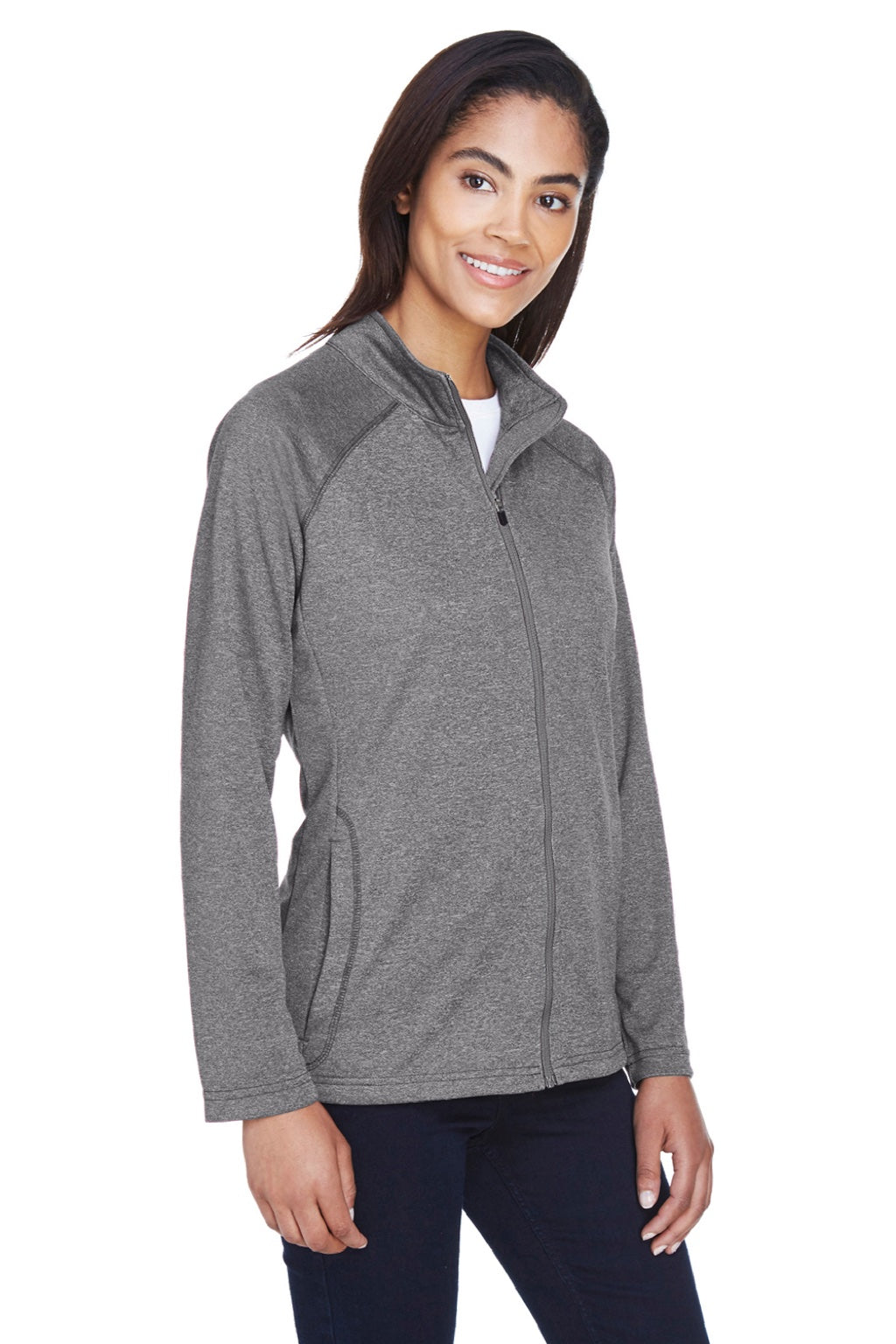 Devon & Jones DG420W Womens Compass Stretch Tech Moisture Wicking Full Zip Sweatshirt w/ Pockets Heather Dark Grey Model 3q