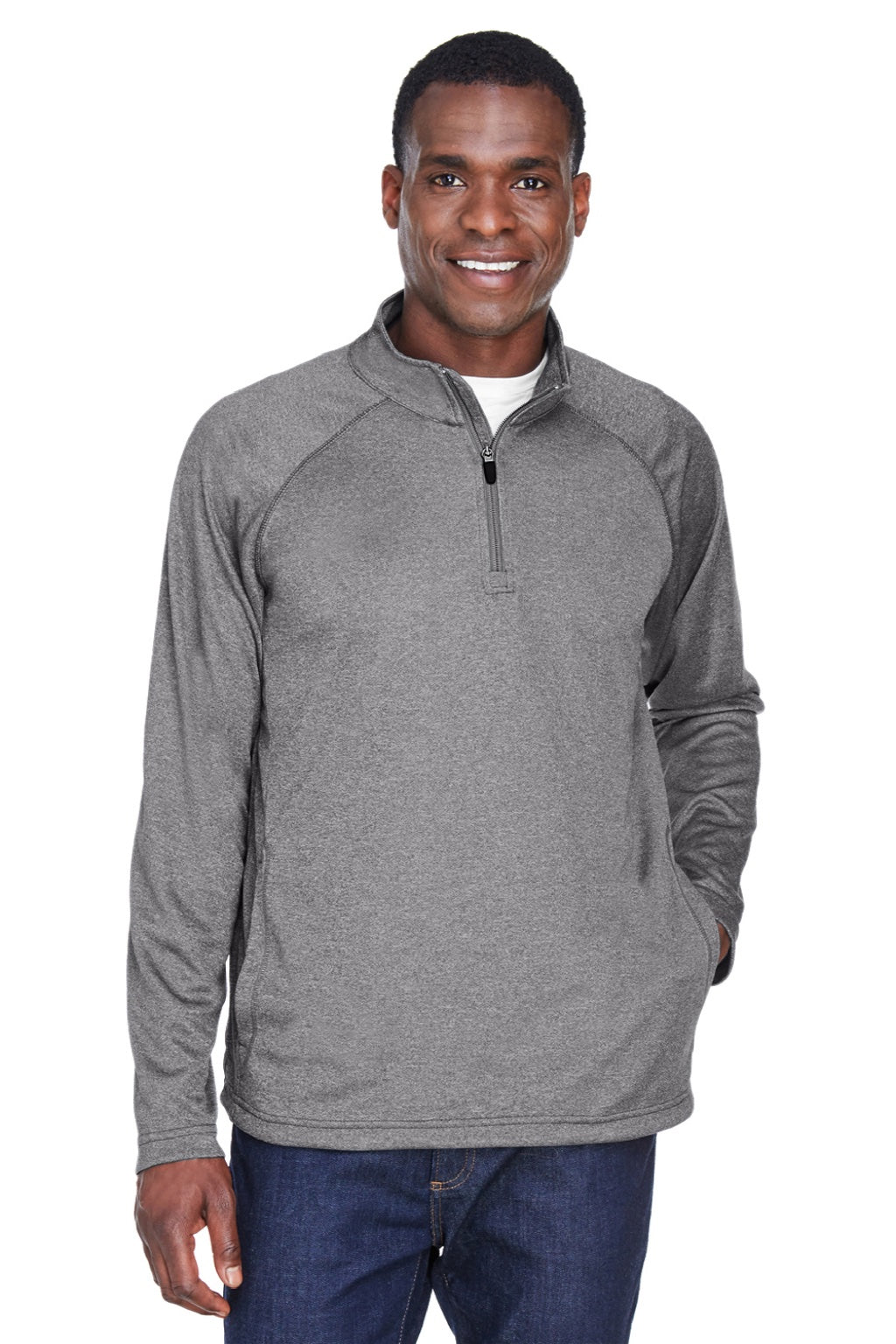 Devon & Jones DG440 Mens Compass Stretch Tech Moisture Wicking 1/4 Zip Sweatshirt w/ Pockets Heather Dark Grey Model Front