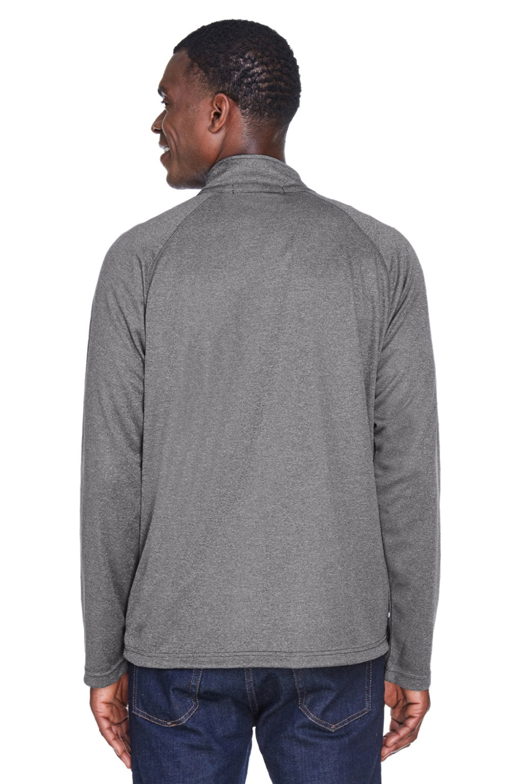 Devon & Jones DG440 Mens Compass Stretch Tech Moisture Wicking 1/4 Zip Sweatshirt w/ Pockets Heather Dark Grey Model Back
