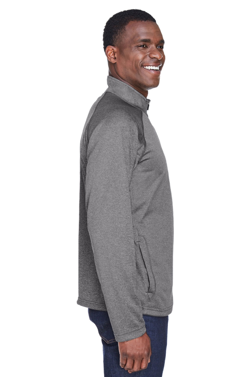 Devon & Jones DG440 Mens Compass Stretch Tech Moisture Wicking 1/4 Zip Sweatshirt w/ Pockets Heather Dark Grey Model Side