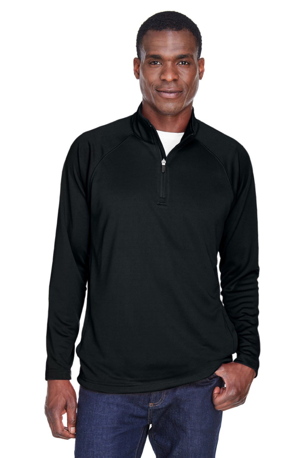 Devon & Jones DG440 Mens Compass Stretch Tech Moisture Wicking 1/4 Zip Sweatshirt w/ Pockets Black Model Front