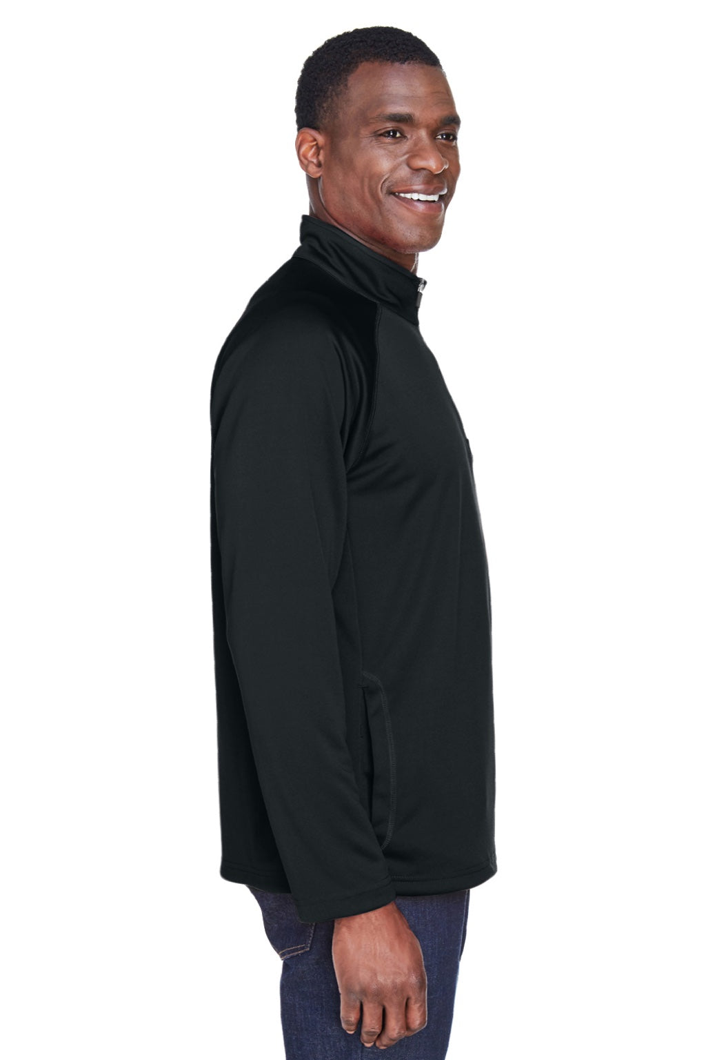 Devon & Jones DG440 Mens Compass Stretch Tech Moisture Wicking 1/4 Zip Sweatshirt w/ Pockets Black Model Side