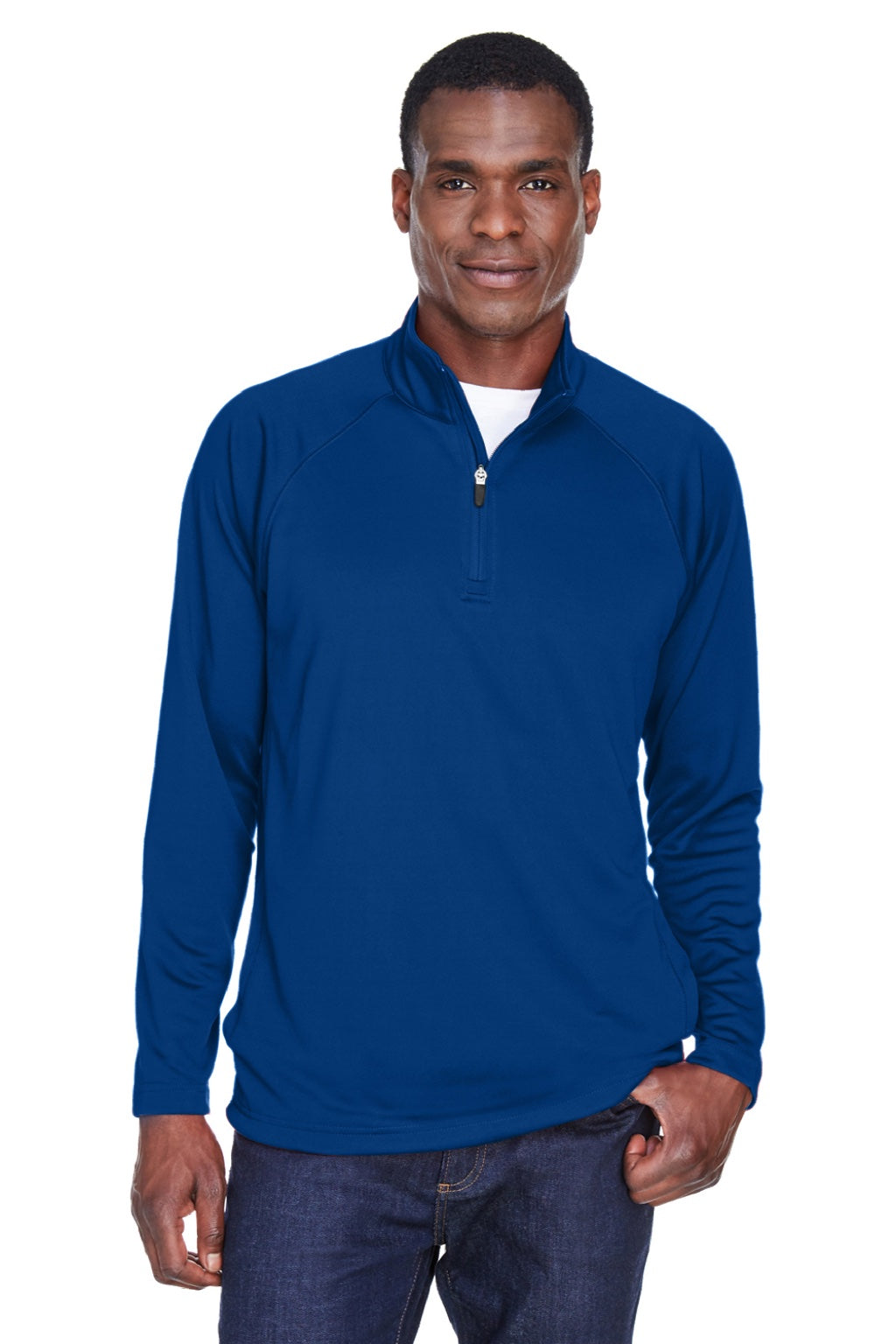 Devon & Jones DG440 Mens Compass Stretch Tech Moisture Wicking 1/4 Zip Sweatshirt w/ Pockets True Royal Blue Model Front