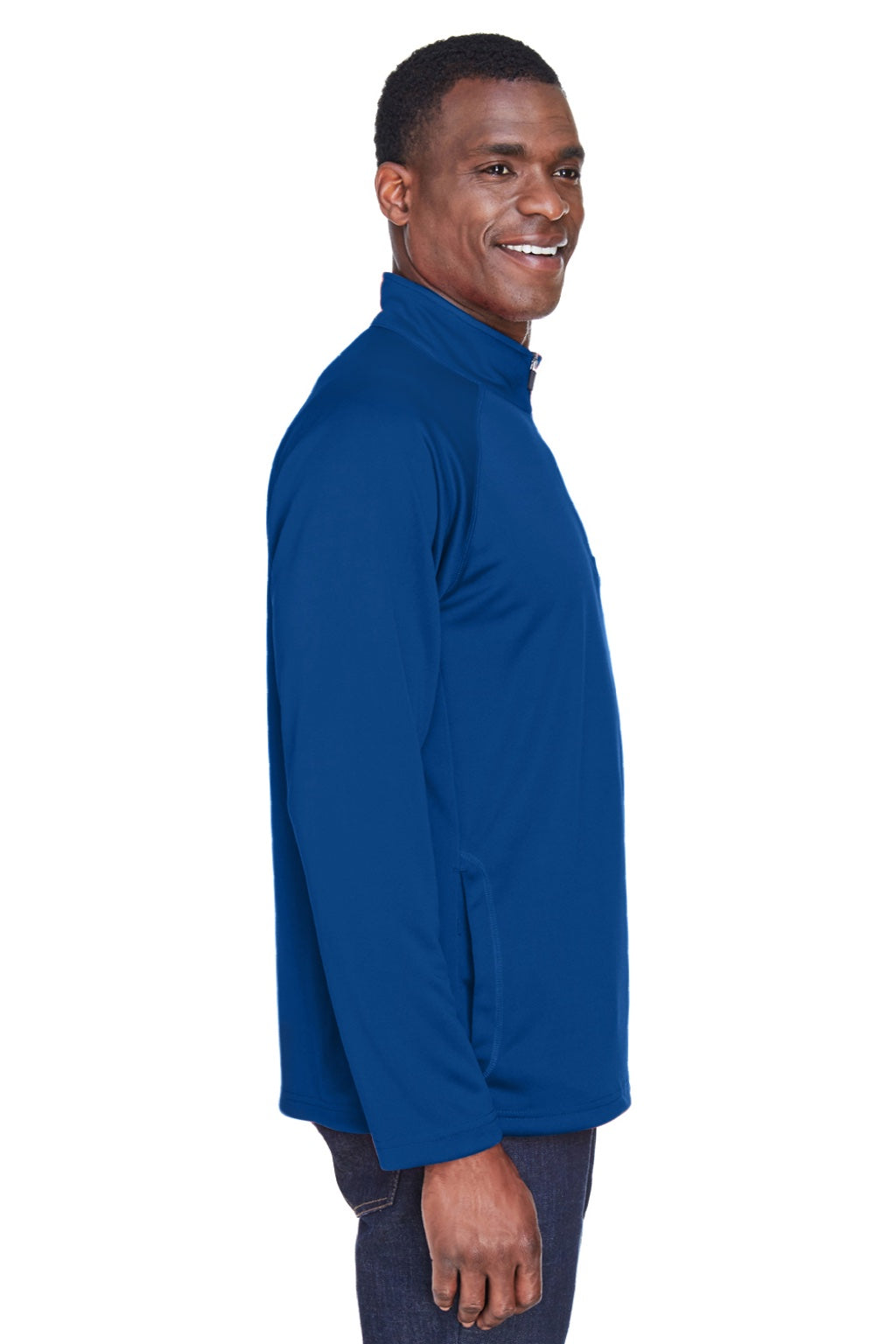 Devon & Jones DG440 Mens Compass Stretch Tech Moisture Wicking 1/4 Zip Sweatshirt w/ Pockets True Royal Blue Model Side