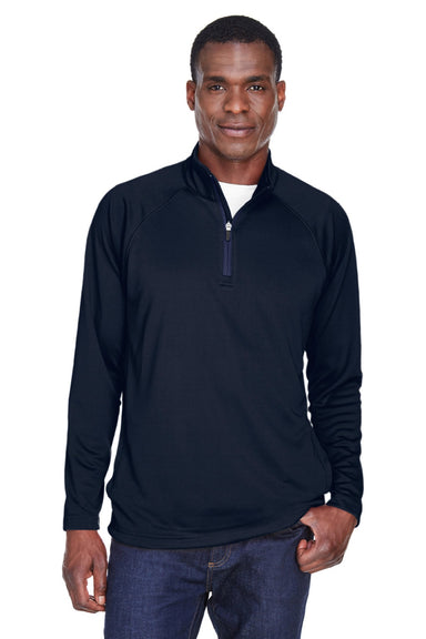 Devon & Jones DG440 Mens Compass Stretch Tech Moisture Wicking 1/4 Zip Sweatshirt w/ Pockets Navy Blue Model Front