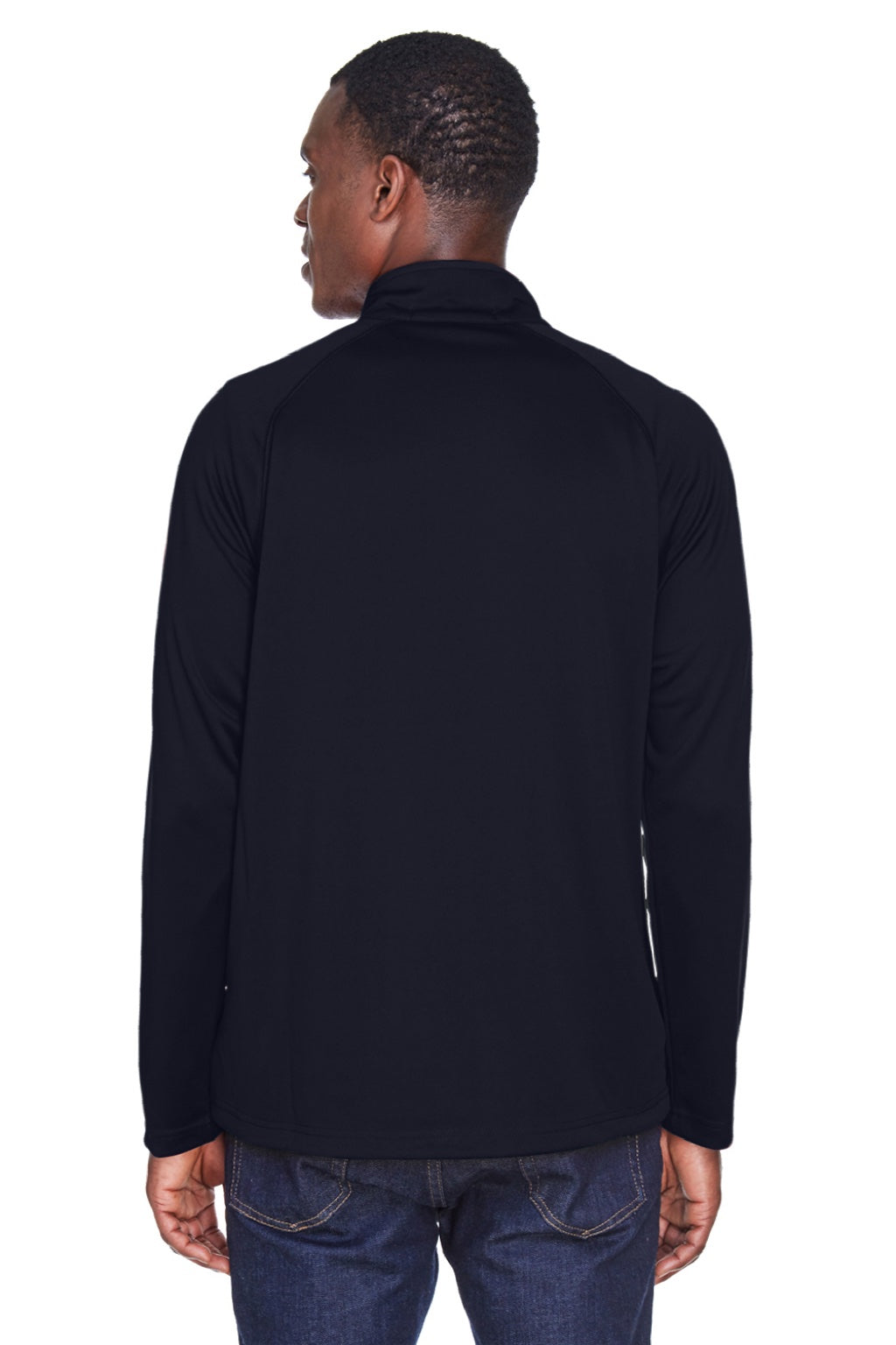 Devon & Jones DG440 Mens Compass Stretch Tech Moisture Wicking 1/4 Zip Sweatshirt w/ Pockets Navy Blue Model Back