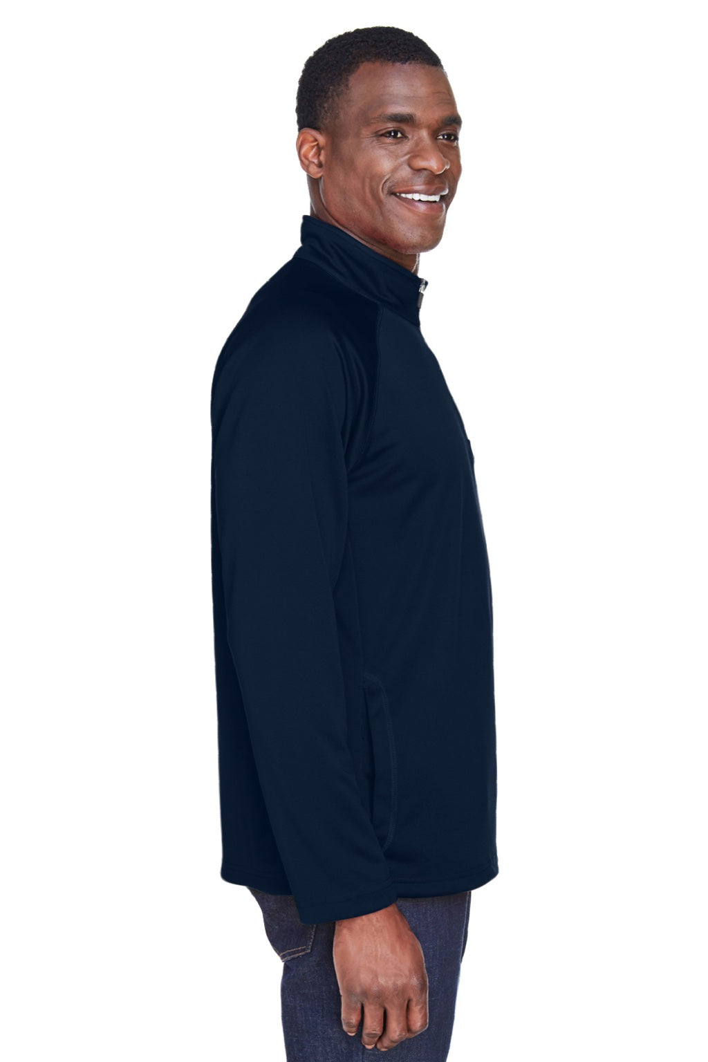 Devon & Jones DG440 Mens Compass Stretch Tech Moisture Wicking 1/4 Zip Sweatshirt w/ Pockets Navy Blue Model Side