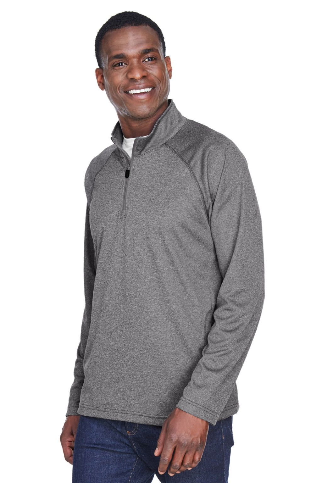 Devon & Jones DG440 Mens Compass Stretch Tech Moisture Wicking 1/4 Zip Sweatshirt w/ Pockets Heather Dark Grey Model 3q