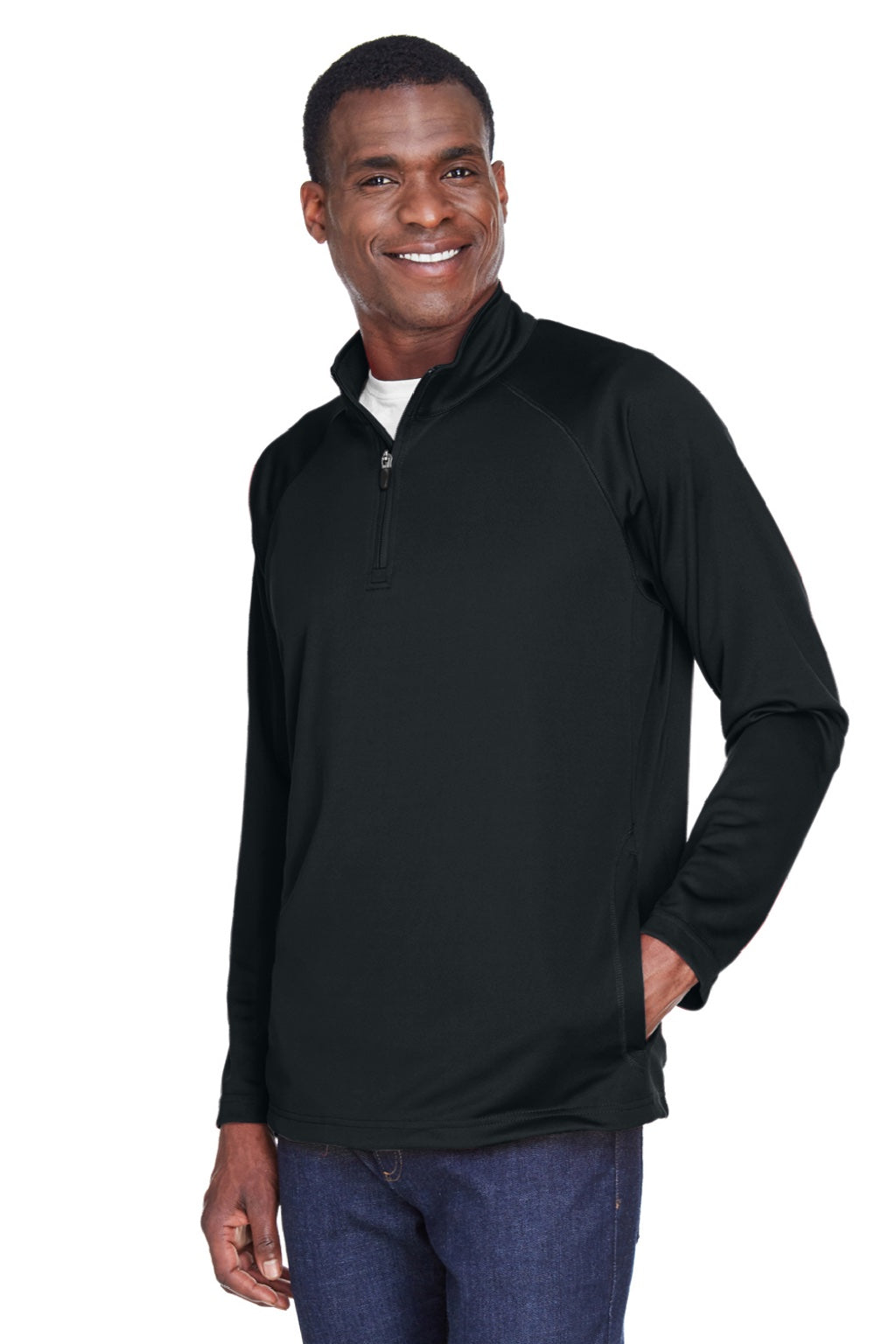 Devon & Jones DG440 Mens Compass Stretch Tech Moisture Wicking 1/4 Zip Sweatshirt w/ Pockets Black Model 3q