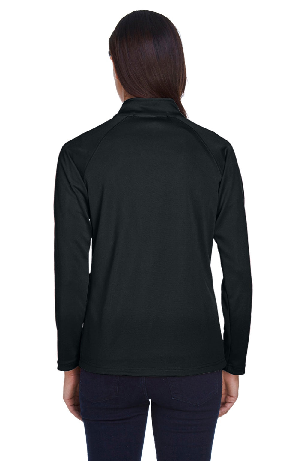Devon & Jones DG440W Womens Compass Stretch Tech Moisture Wicking 1/4 Zip Sweatshirt w/ Pockets Black Model Back