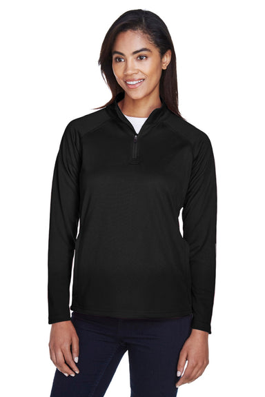 Devon & Jones DG440W Womens Compass Stretch Tech Moisture Wicking 1/4 Zip Sweatshirt w/ Pockets Black Model Front