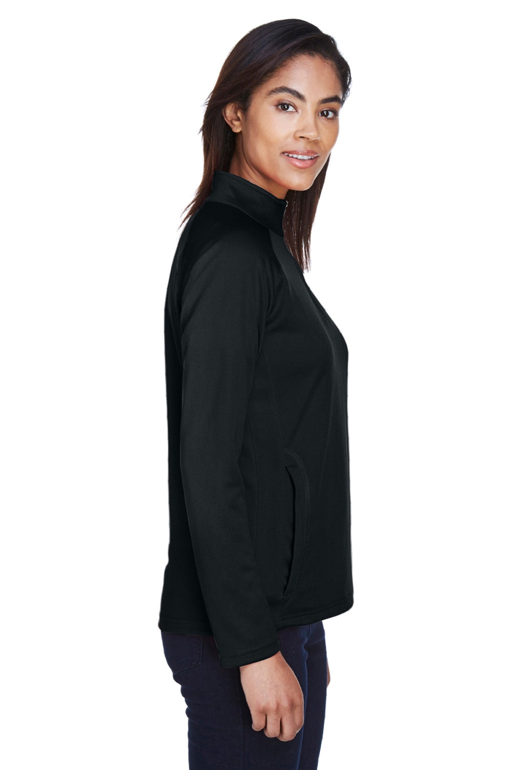 Devon & Jones DG440W Womens Compass Stretch Tech Moisture Wicking 1/4 Zip Sweatshirt w/ Pockets Black Model Side