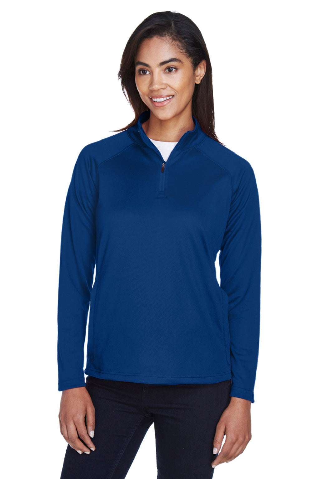 Devon & Jones DG440W Womens Compass Stretch Tech Moisture Wicking 1/4 Zip Sweatshirt w/ Pockets True Royal Blue Model Front