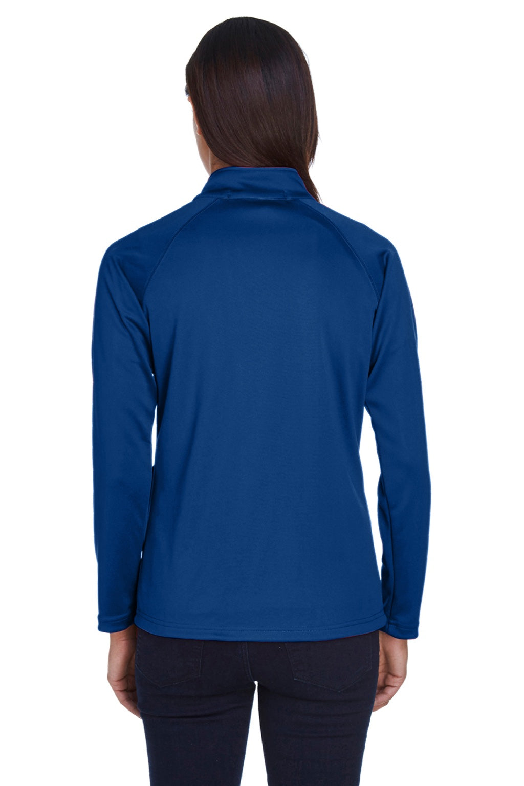 Devon & Jones DG440W Womens Compass Stretch Tech Moisture Wicking 1/4 Zip Sweatshirt w/ Pockets True Royal Blue Model Back