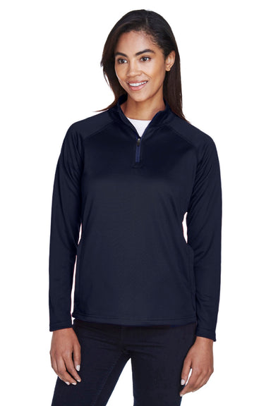 Devon & Jones DG440W Womens Compass Stretch Tech Moisture Wicking 1/4 Zip Sweatshirt w/ Pockets Navy Blue Model Front